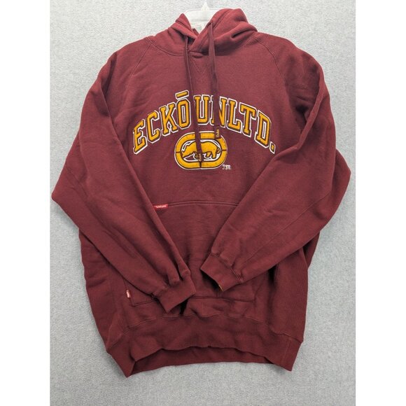 VINTAGE Ecko Unltd Hoodie Mens 2XL Burgundy Pullover Rhino Spell Out Y2K 00s - Picture 1 of 12